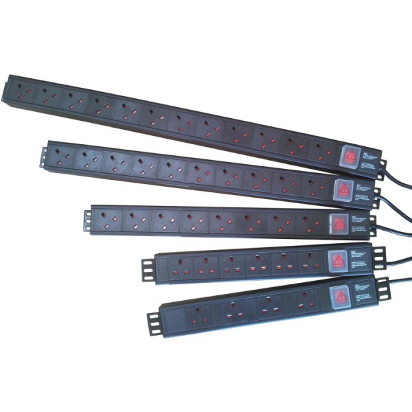 PDU 8 Way Vertical Switched 16A BS4343 Plug (Commando) 13A UK Socket Black (L) 620mm Cord 3m 